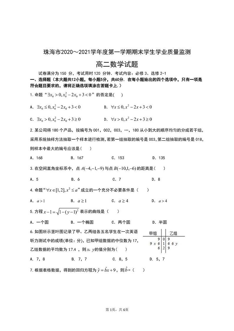 2021珠海高二上学期期末考试数学试题扫描版含答案01