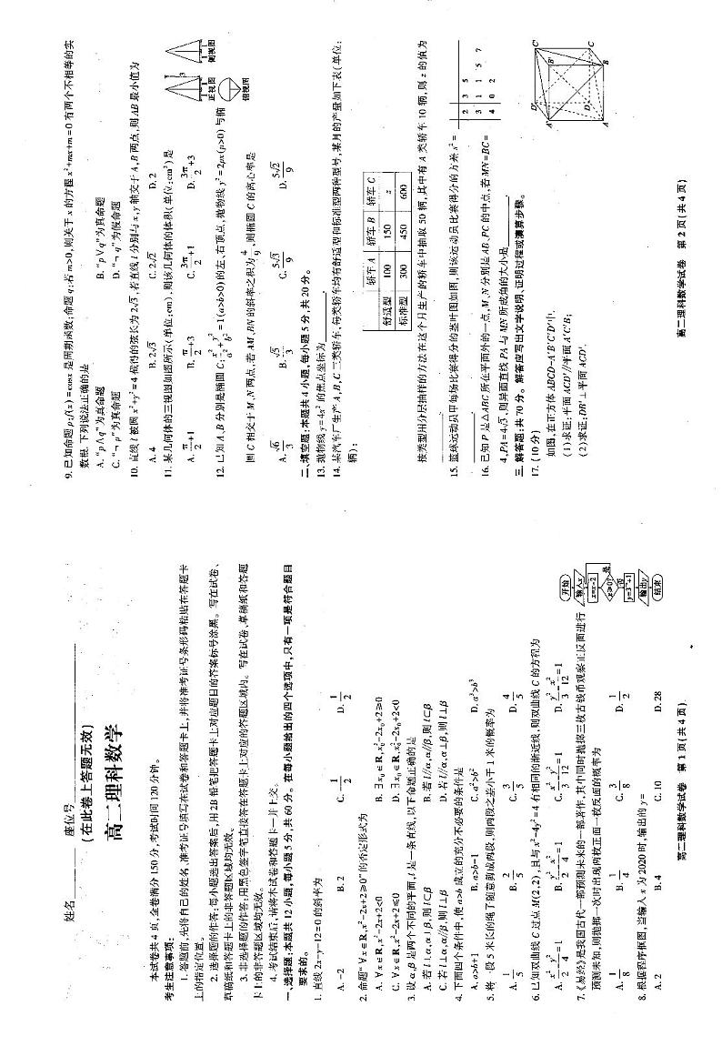 2021安徽省皖江名校联盟高二下学期开年考理科数学试题PDF版含解析01