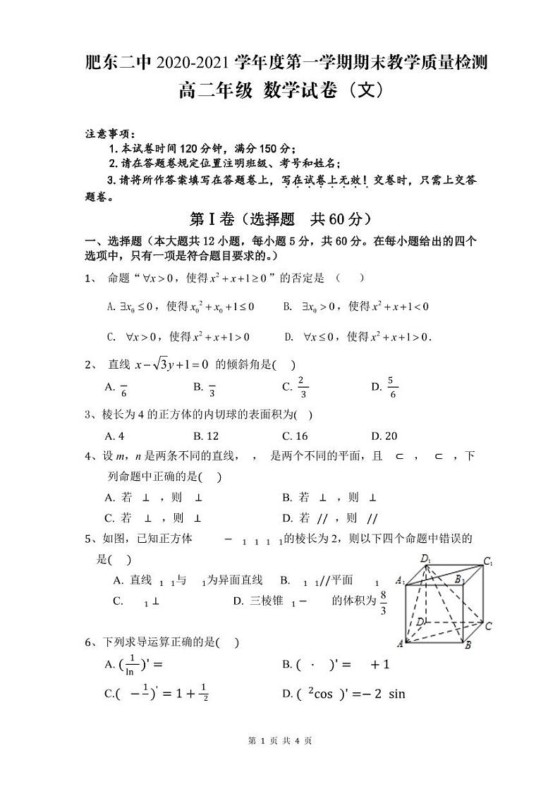 2021肥东县二中高二上学期期末考试数学（文）试题PDF版含答案01