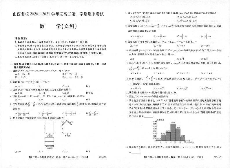 山西省山西名校2020-2021学年高二上学期期末考试数学（文）试题（扫描）第1页