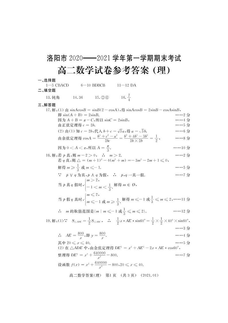 2021洛阳高二上学期期末考试数学（理）试题含答案01