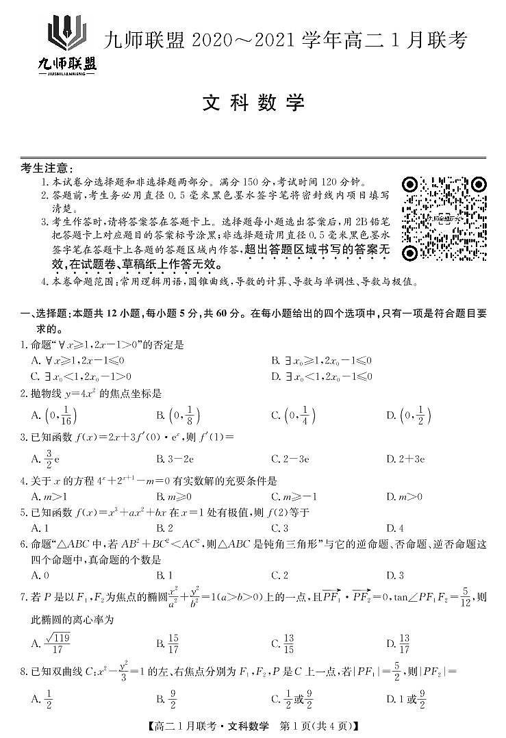 九师联盟高二1月联考-文科数学第1页