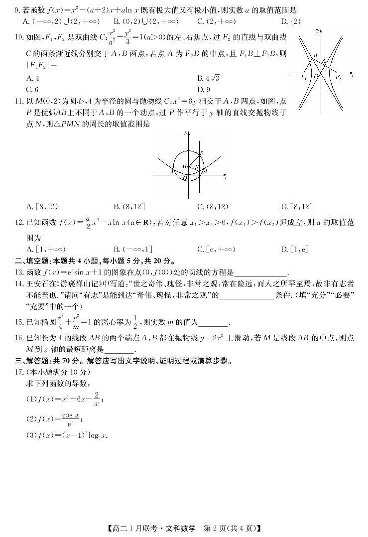 九师联盟高二1月联考-文科数学第2页