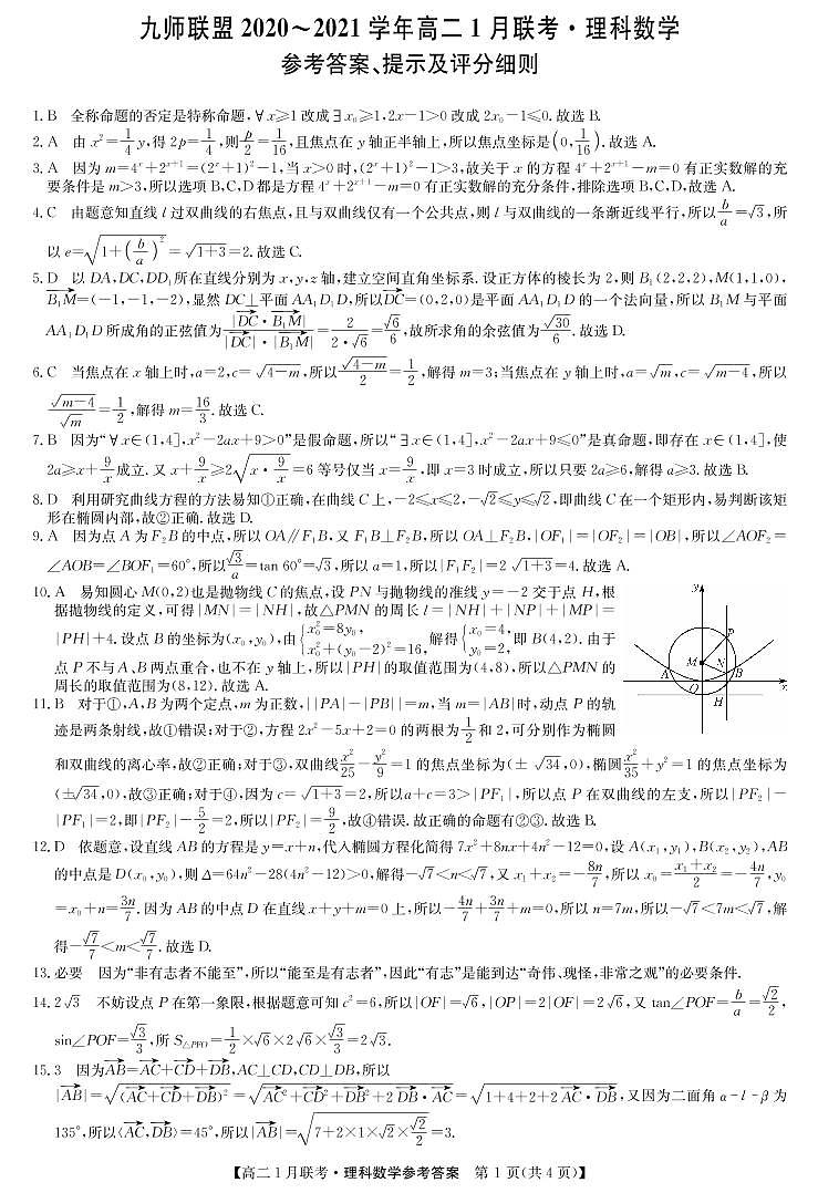 2021河南省九师联盟高二上学期1月联考试题数学（理）PDF版含答案01