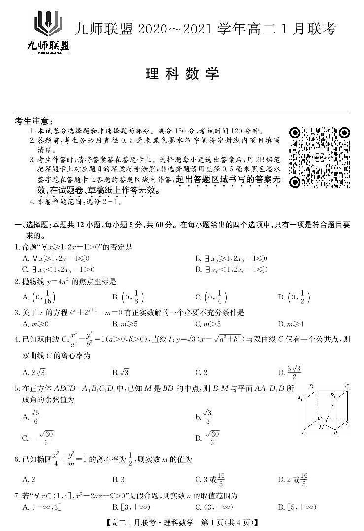 2021河南省九师联盟高二上学期1月联考试题数学（理）PDF版含答案01