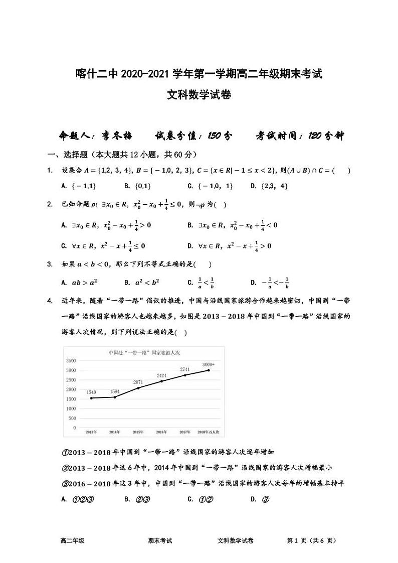 2021新疆喀什区二中高二上学期期末考试数学（文）试题（可编辑）PDF版含答案01