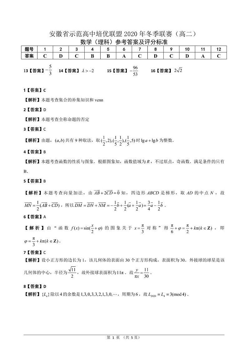 2021安徽省示范高中培优联盟高二上学期冬季联赛数学（理）试题PDF版含答案01