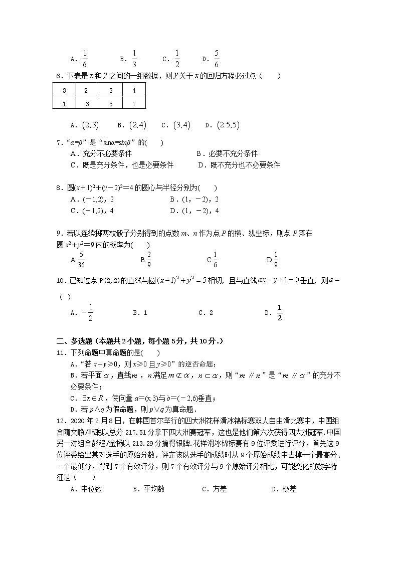 2021清远凤霞中学高二上学期期中考试数学试题含答案02