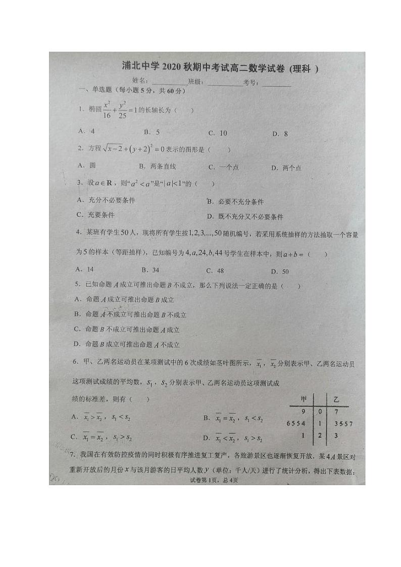 2021广西浦北中学高二上学期期中考试数学（理）试题图片版含答案第1页