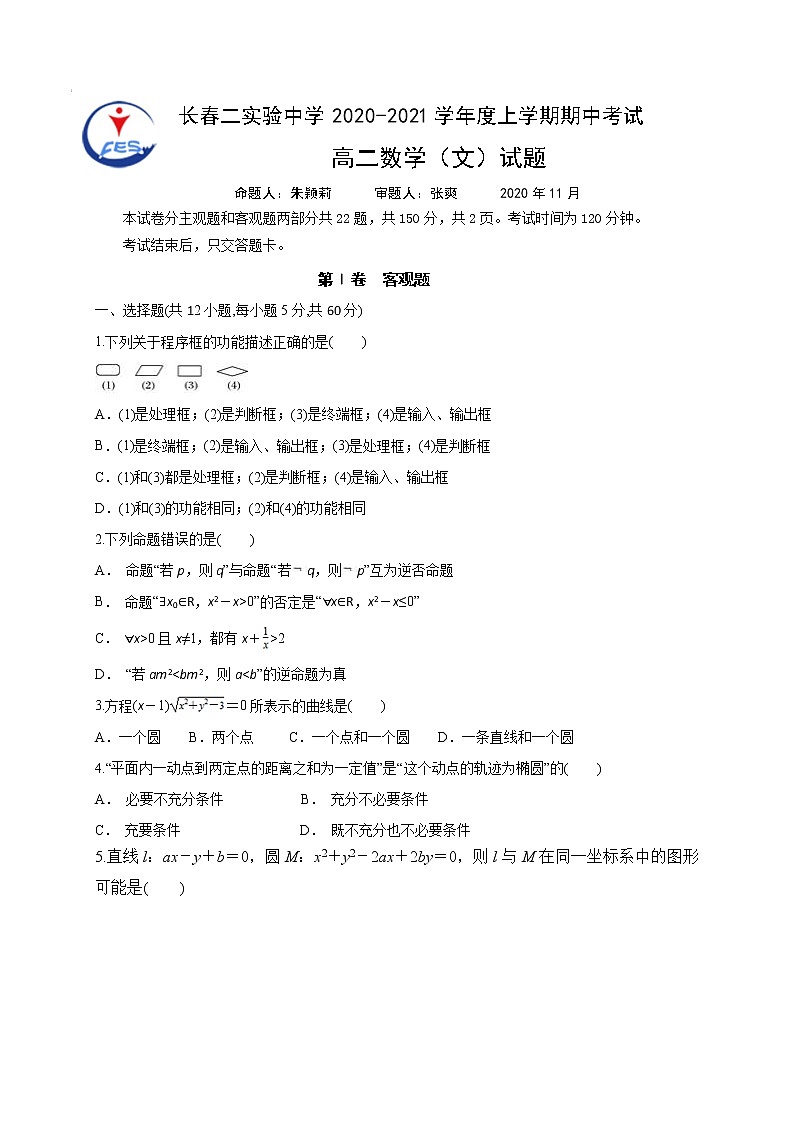 2021长春第二实验中学高二上学期期中考试数学（文）试题含答案第1页