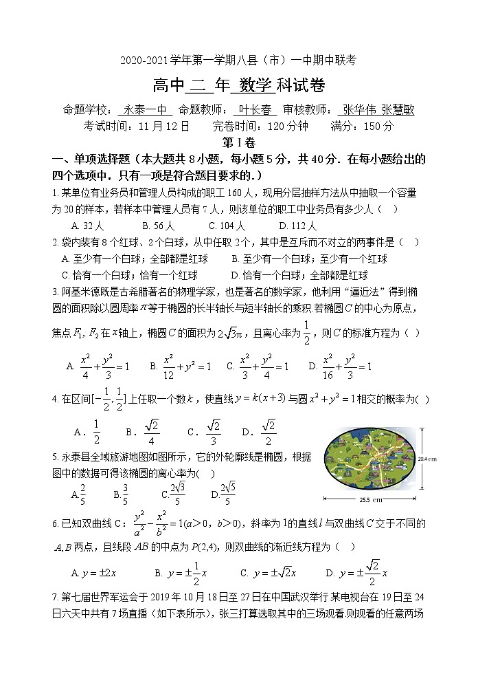 2021福州八县（）一中高二上学期期中联考数学试题含答案01