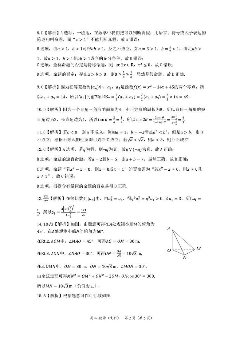 河南省驻马店市2020-2021学年高二上学期11校期中联考数学（文）答案第2页