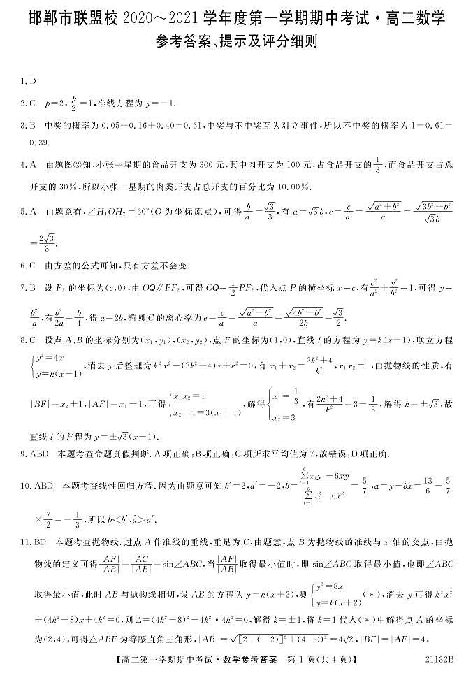 2021邯郸联盟校高二上学期期中考试数学试题扫描版含答案01