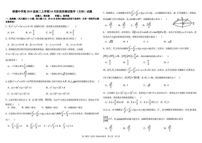 2021四川省树德中学高二上学期10月阶段性测数学（文）PDF版含答案（可编辑）第1页