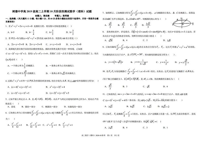 2021四川省树德中学高二上学期10月阶段性测数学（理）PDF版含答案（可编辑）第1页
