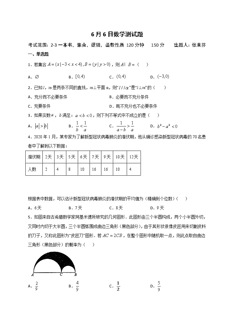 2020邯郸大名中学高二（清北班）下学期第四次半月考（6月6日）数学试题含答案01