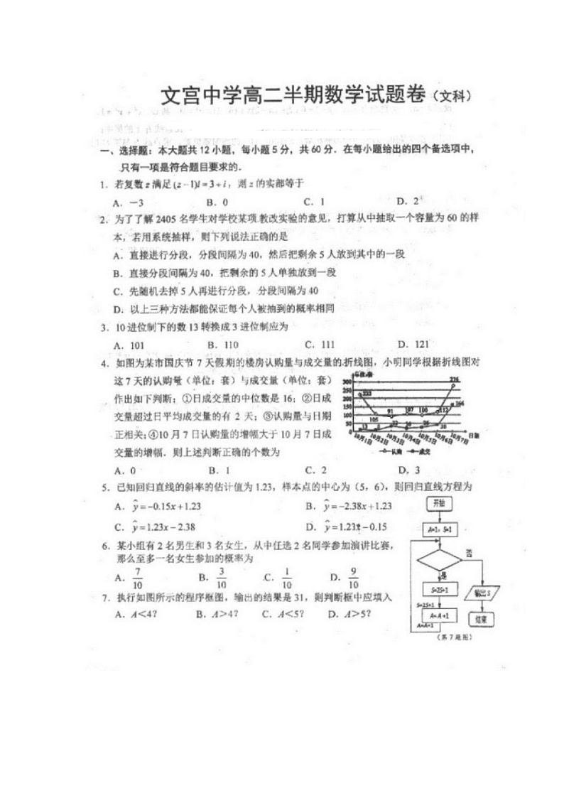 2020仁寿县文宫中学高二6月月考（期中）数学（文）试题扫描版含答案第1页