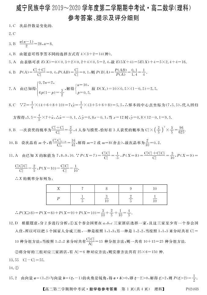 2020贵州省威宁民族中学高二下学期期中考试数学（理）试题图片版扫描版含答案01