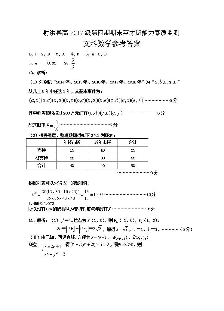 高二文数答案（2019.06定稿）第1页
