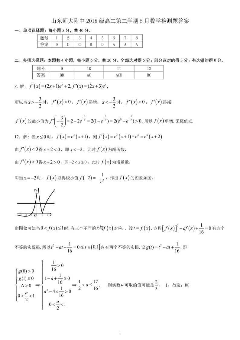 2020山东师大附中2019-高二下学期第二次线上检测数学试题（.05）含答案01