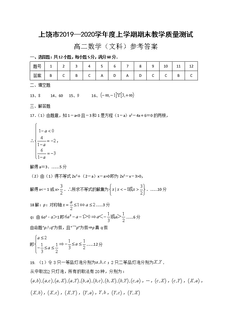 江西省上饶市2019-2020学年高二上学期期末数学（文）试题答案第1页