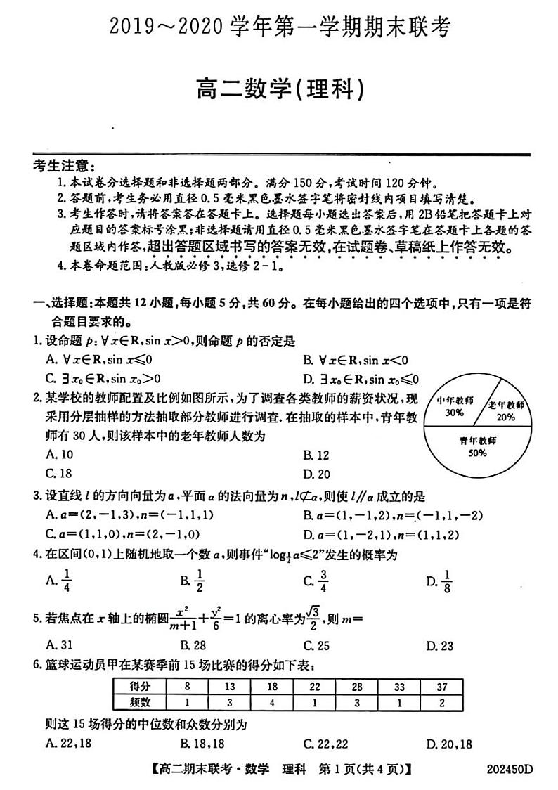 2020滁州九校高二上学期期末联考数学理试题PDF版含答案01