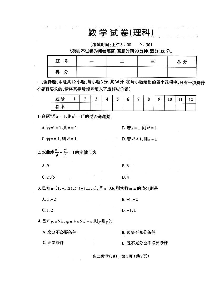2020太原高二上学期期末考试数学（理）试题扫描版含答案第1页