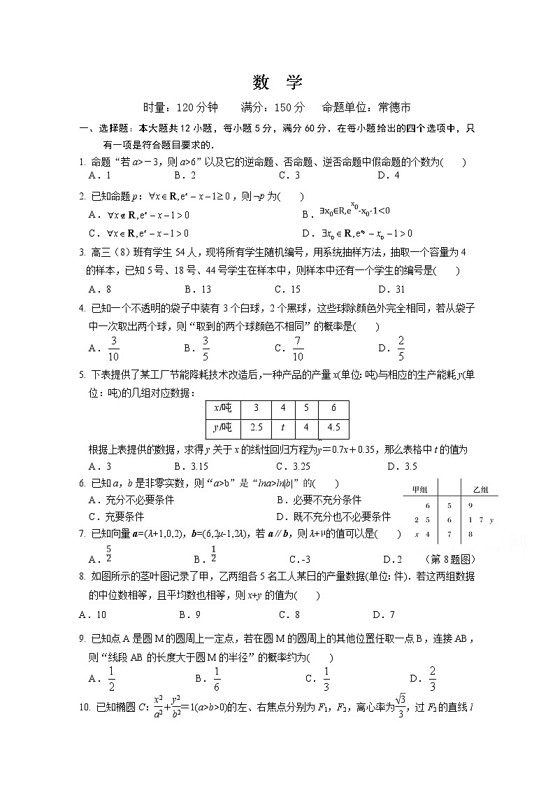 2020常德高二上学期期末考试数学试卷含答案01