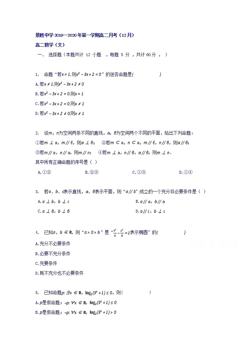 2020运城景胜中学高二12月月考数学（文）试题含答案第1页