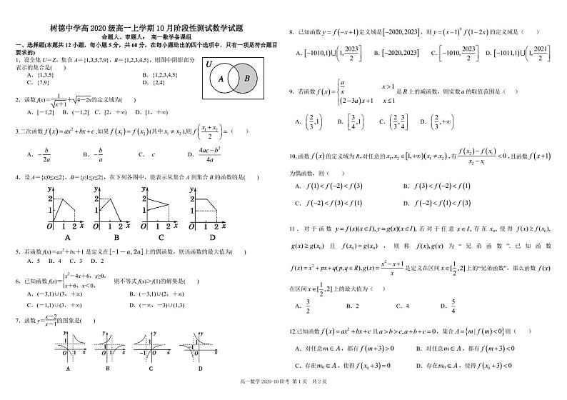 2021四川省树德中学高一上学期10月阶段性测数学PDF版含答案（可编辑）01