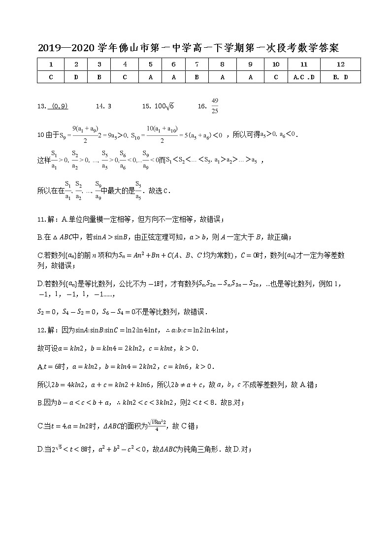 2019—2020学年佛山市第一中学高一下学期第一次段考数学答案(2)第1页