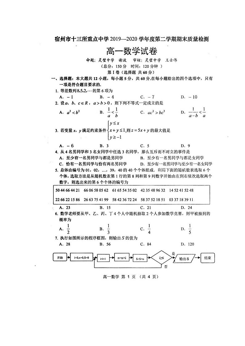 2020宿州十三所省重点中学高一下学期期末联考数学试题图片版扫描版含答案01