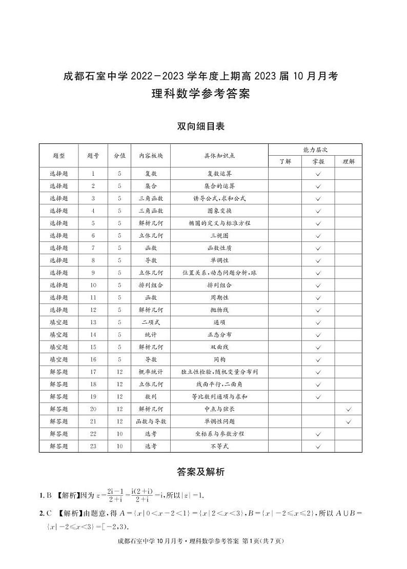 成都石室中学2022-2023学年度上期高2023届10月月考数学理科答案第1页