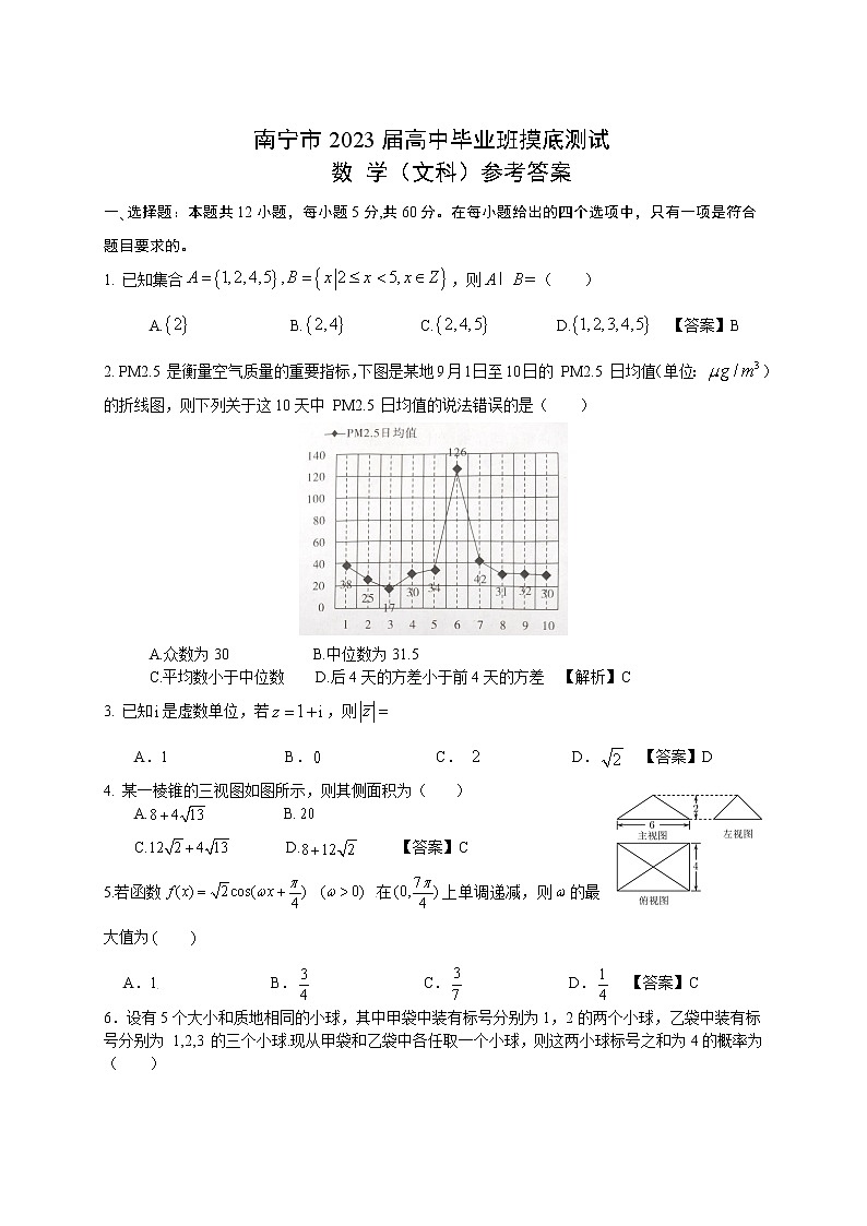 【文数-参考答案】南宁市2023届高中毕业班摸底测试数学（文科）第1页