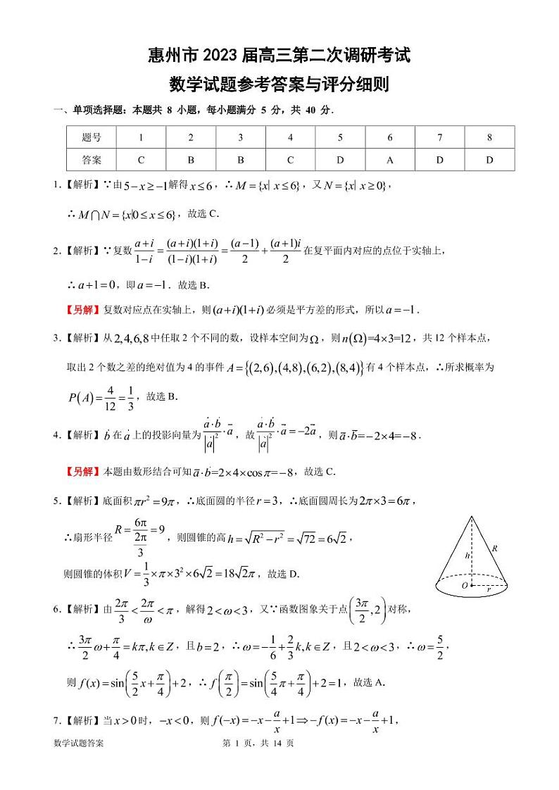 惠州市2023届高三第二次调研考试数学试题参考答案与评分细则第1页