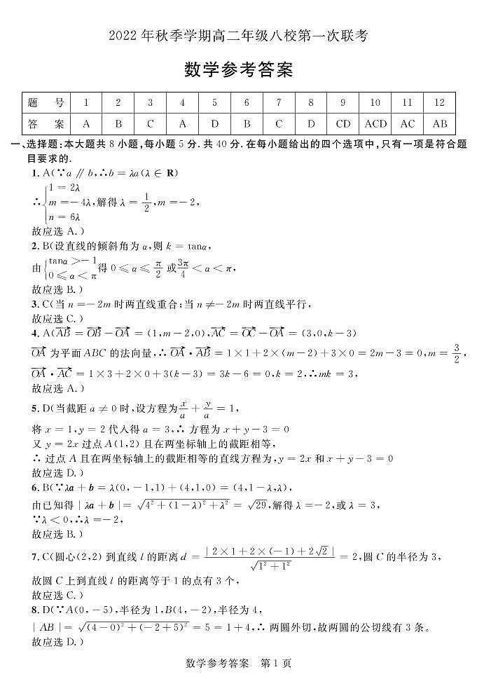 2023河池八校高二上学期10月联考数学试题扫描版含解析第3页