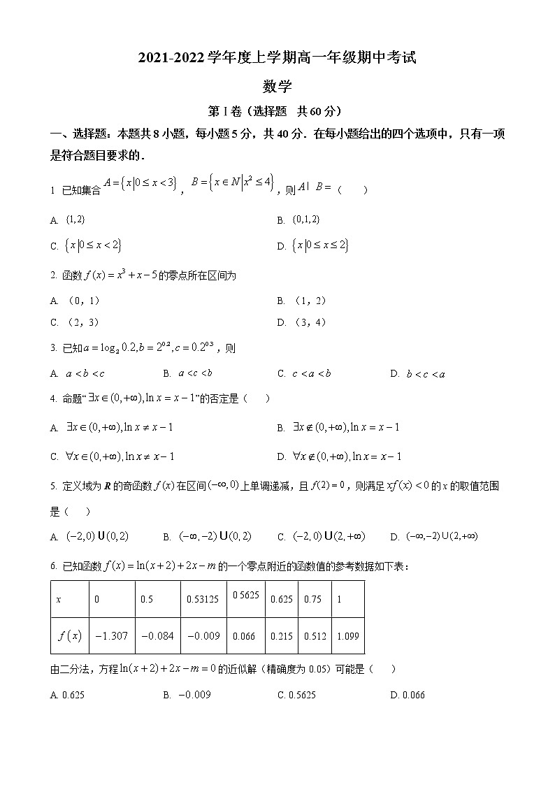 精品解析：甘肃省张掖市第一中学2021-2022学年高一上学期期中数学试题（原卷版）第1页
