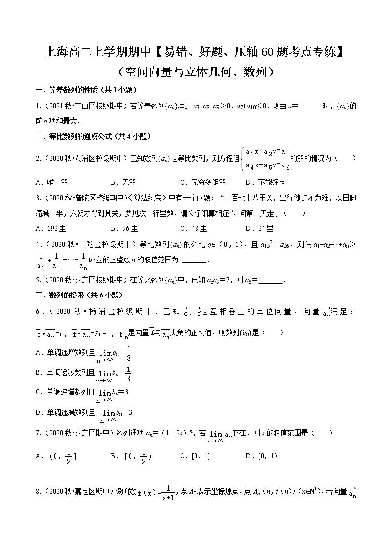 上海高二上学期期中【易错、好题、压轴60题考点专练】（空间向量与立体几何、数列）-2022-2023学年高二数学上学期期中期末考点大串讲（沪教版2020必修第三册+选修一）01