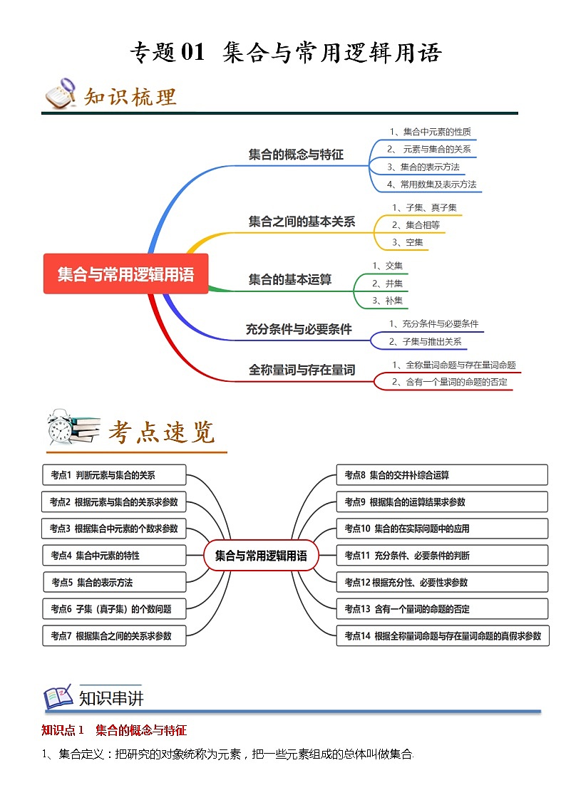 专题01 集合与常用逻辑用语（知识串讲+热考题型+专题训练）-2022-2023学年高一数学上学期期中期末考点大串讲（人教A版2019必修第一册）（原卷版）第1页