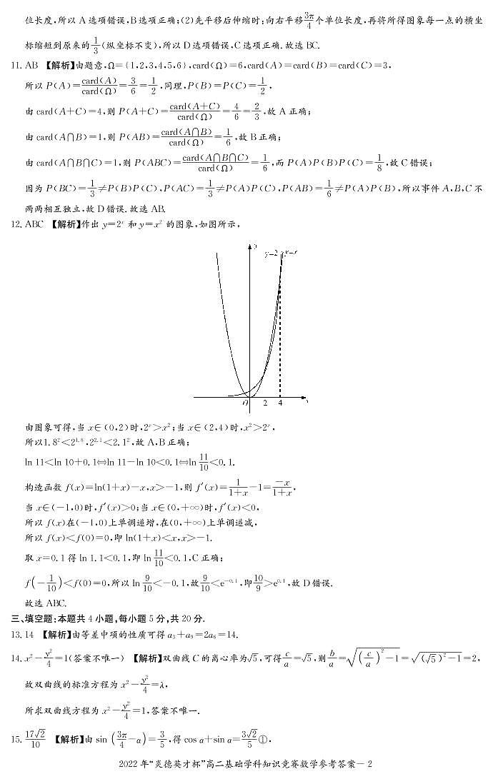 湖南省部分校2021-2022学年高二下学期基础学科知识竞赛数学试题及参考答案02
