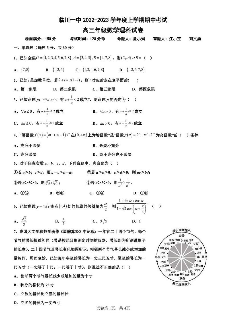 临川一中 2022－2023 学年度上学期期中考试数学理科试卷第1页