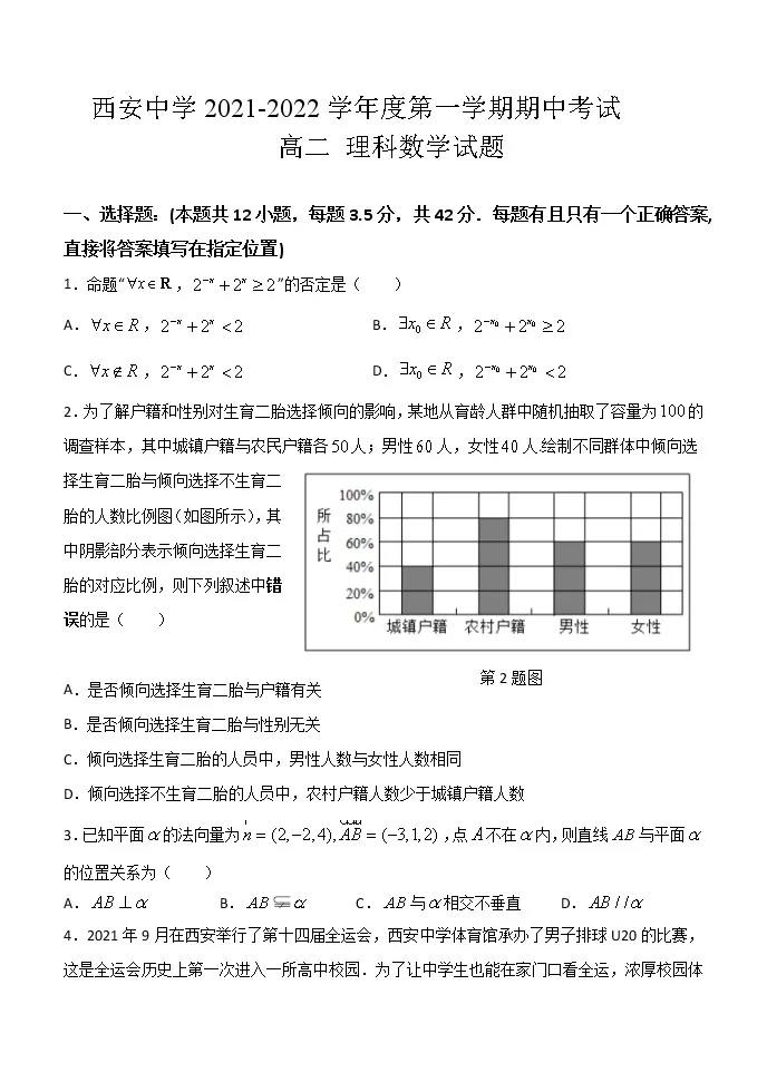 22西安西安中学高二上学期期中考试数学 理 含答案 教习网 试卷下载