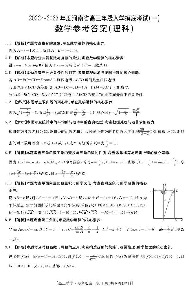 河南省2022-2023学年高三年级入学摸底考试数学（理）答案第1页