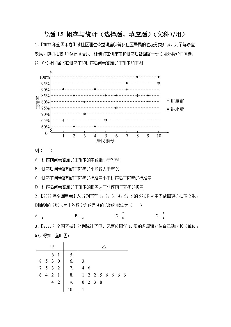 【五年高考真题】最新五年数学高考真题分项汇编——专题15《概率与统计（选择题、填空题）》（文科专用）（2023全国卷地区通用）01