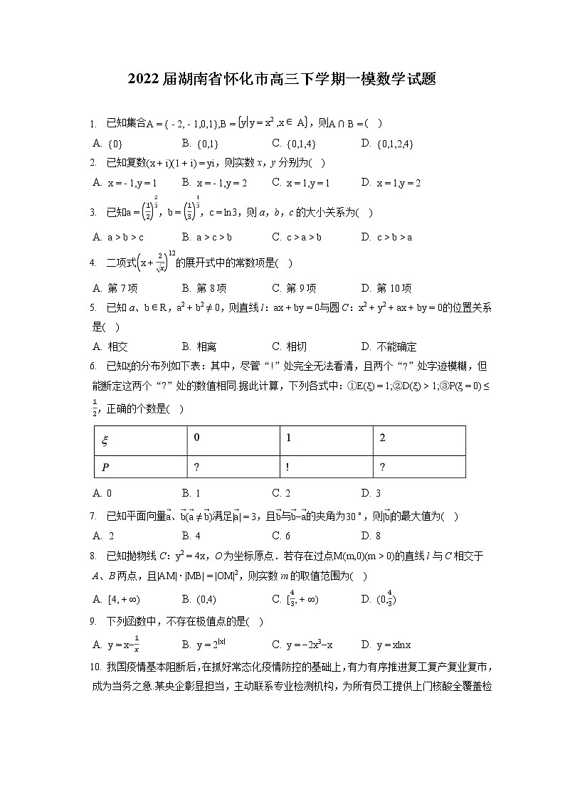 2022届湖南省怀化市高三下学期一模数学试题（含答案解析）第1页