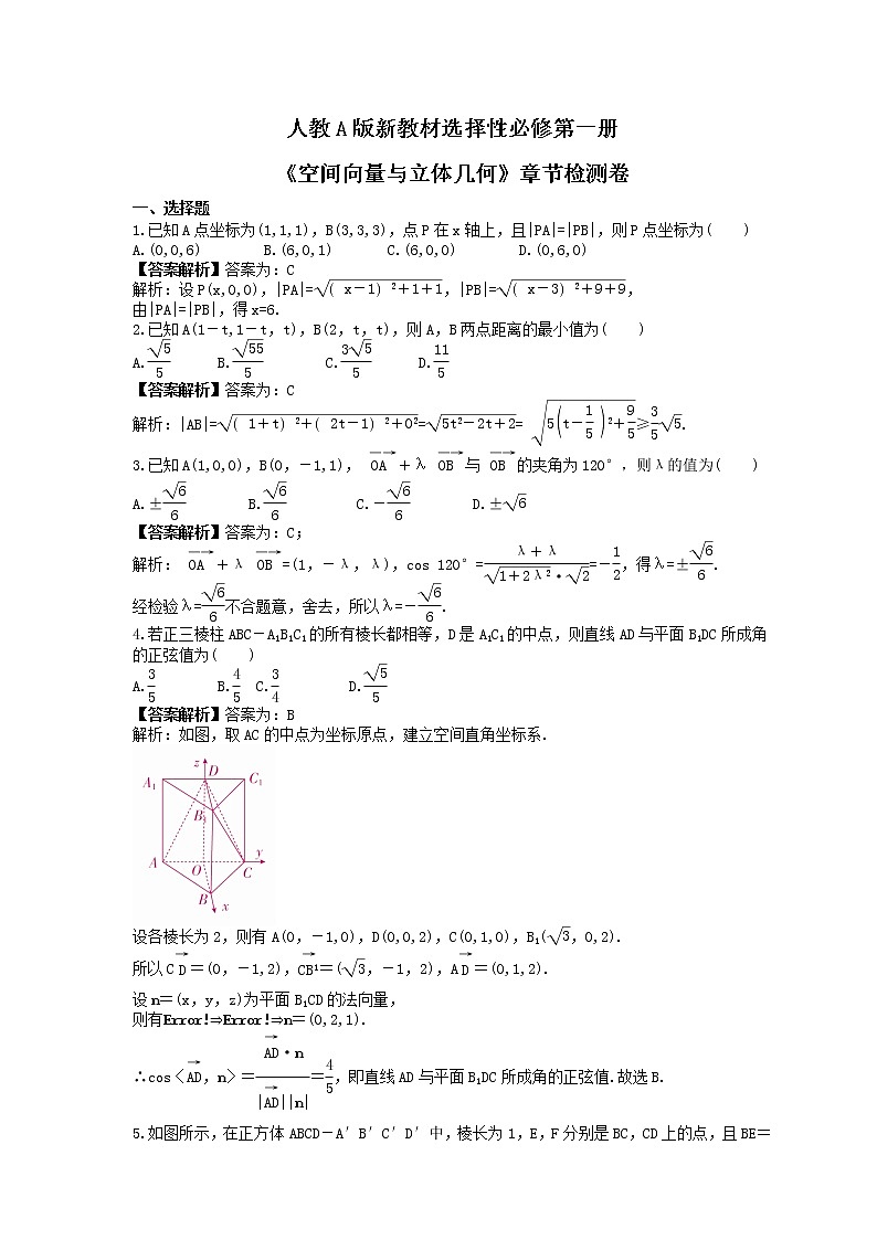 人教A版新教材选择性必修第一册《空间向量与立体几何》章节检测卷（教师版）第1页