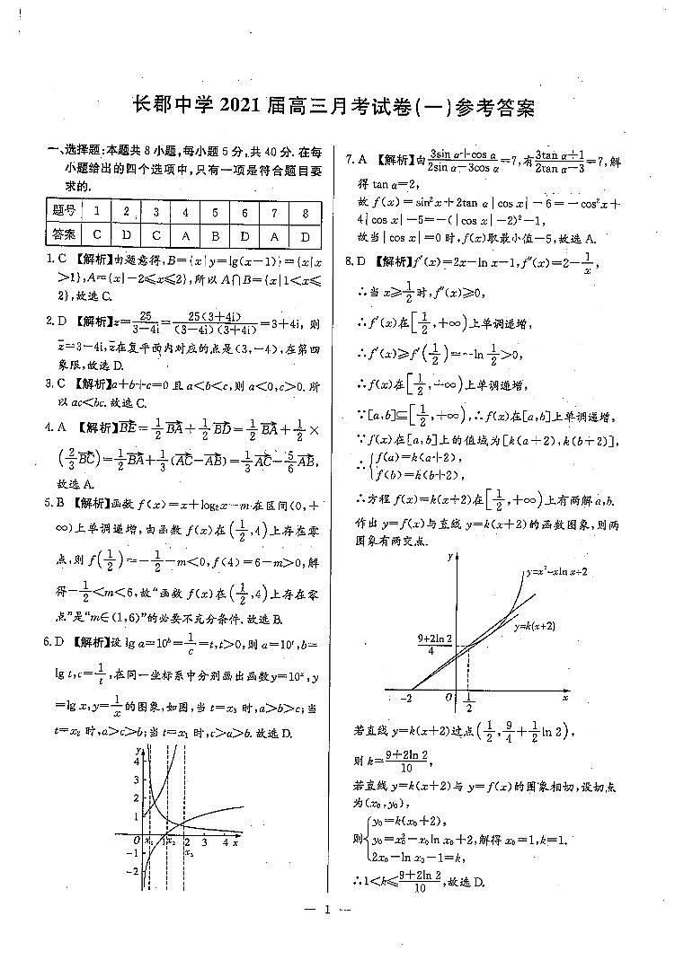 长郡中学2021届月考试卷答案第1页