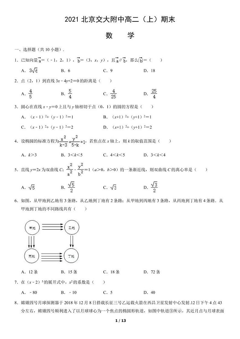 2021北京交大附中高二（上）期末数学考试试卷（PDF无答案）01