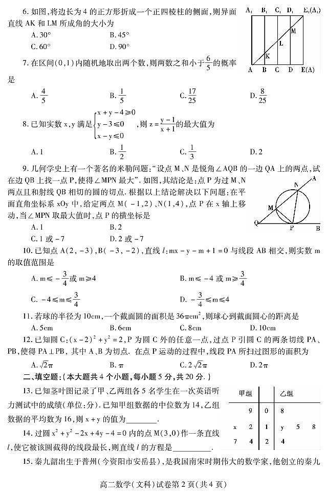 四川省内江市2021-2022学年高二上学期期末检测数学文科PDF版含答案（可编辑）第2页
