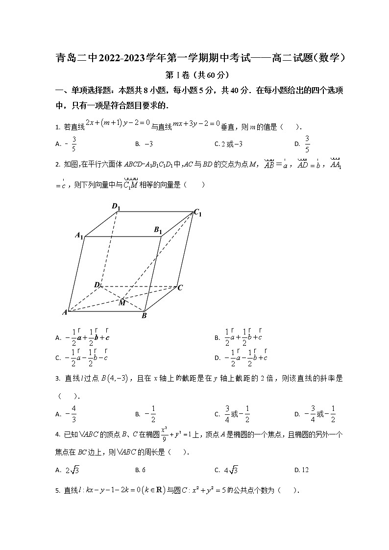 2023青岛二中高二上学期期中考试数学试题含答案01